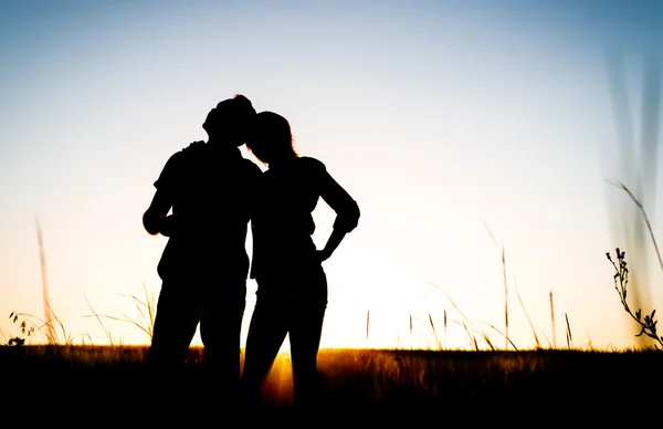 日没時に牧草地で幸せなカップルのシルエット — ストック写真
