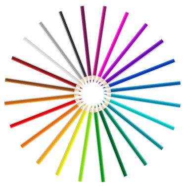 Beyaz zemin üzerinde bir gökkuşağı daire olarak renkli vektör kalemler