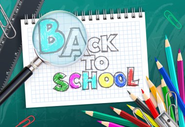 Geri okul arka plan için renkli kalemler ve Not Defteri ile