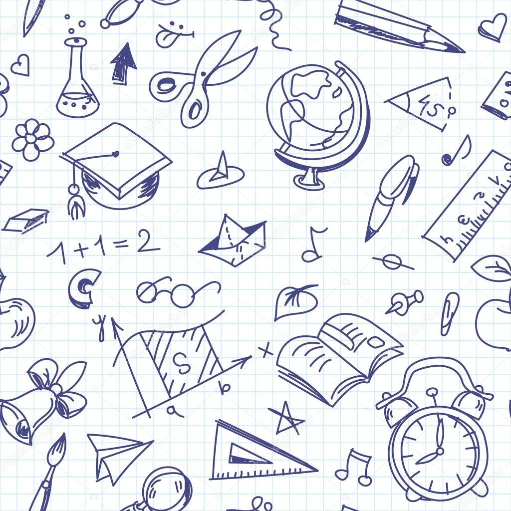 Creative seamless school pattern with pen drawings on copy book 