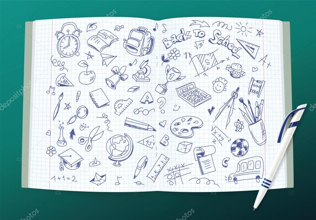 Open vector copy book with school drawings and a pen