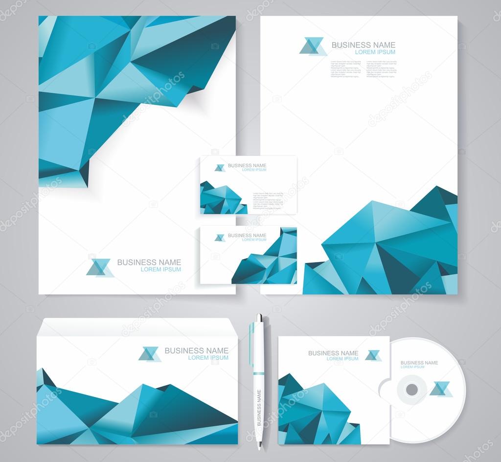 Corporate identity template with blue polygonal design elements.