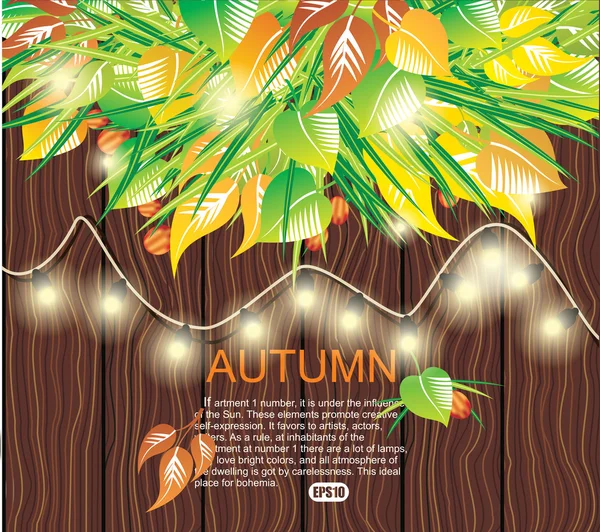 Vector autumn background with colored leaves and bright garlands — Stock Vector