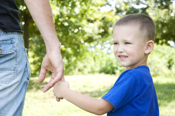 Father and son holding hands walking in the park — Stock Photo, Image