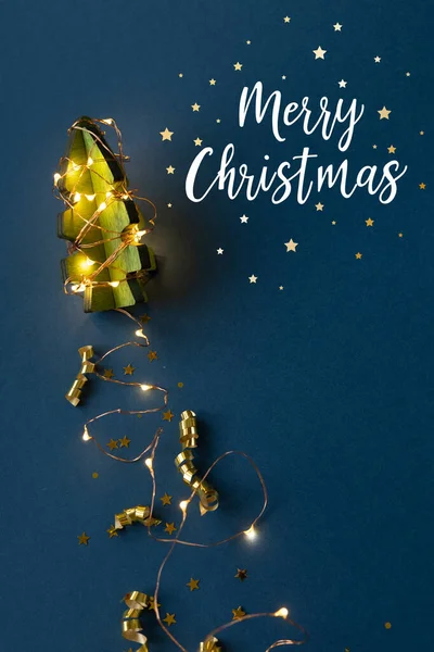 Wooden Christmas Tree Form Rocket Dark Blue Background Jet Trail — Stockfoto