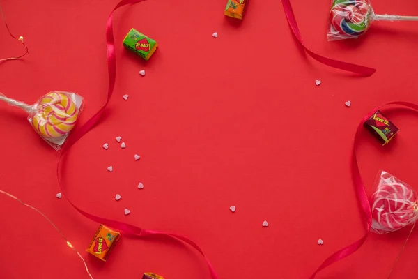 Bunte Süßigkeiten Gesprächsherzen Zum Valentinstag Gummiliebe Ist Lutscher Herzform Auf — Stockfoto