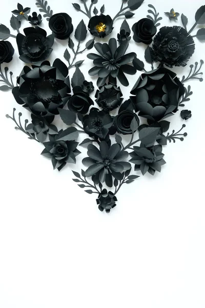 Schwarze Papierblumen Auf Weißem Hintergrund Aus Papier Geschnitten Gotischer Rahmen — Stockfoto