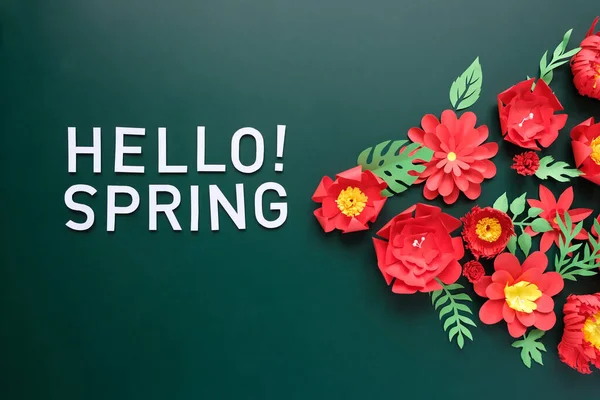 Hello Spring Red Paper Flowers Green Leaves Dark Green Background — Stock Photo, Image