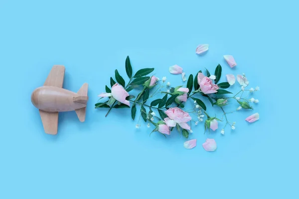 Reisekonzept Mit Holzflugzeug Und Blumen Blütenblätter Auf Blauem Hintergrund Draufsicht — Stockfoto
