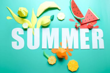 Exotic fruits made of paper with shadow. Trend shadow. Summer concept.