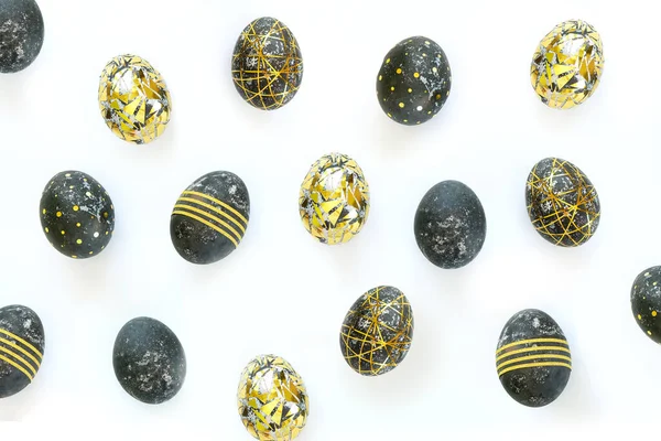 Happy Easter Black Paaseieren Met Goudpatroon Witte Achtergrond Luxe Pasen — Stockfoto