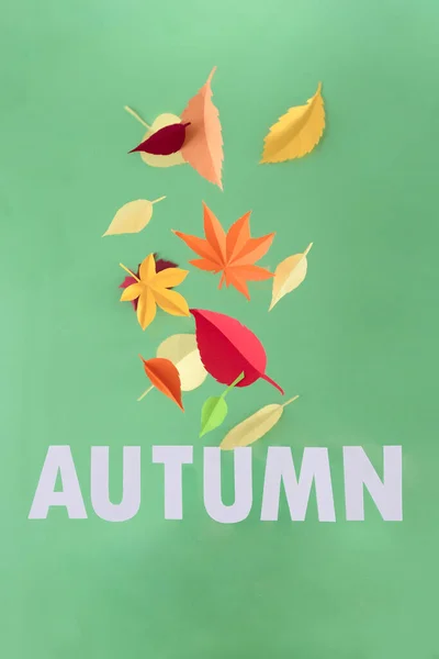 Písmena Podzimní Střih Papíru Papírovými Podzimními Listy Zeleném Pozadí Ahoj — Stock fotografie
