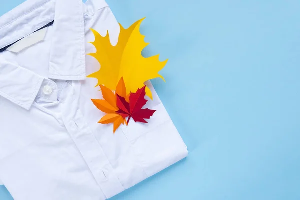 A white shirt with autumn leaves in the pocket. Back to school concept. The leaves are cut out of paper. Shirt on a blue background