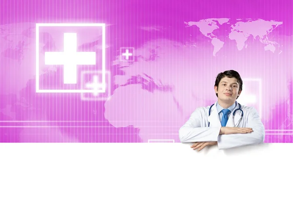 Doctor with blank banner — Stock Photo, Image