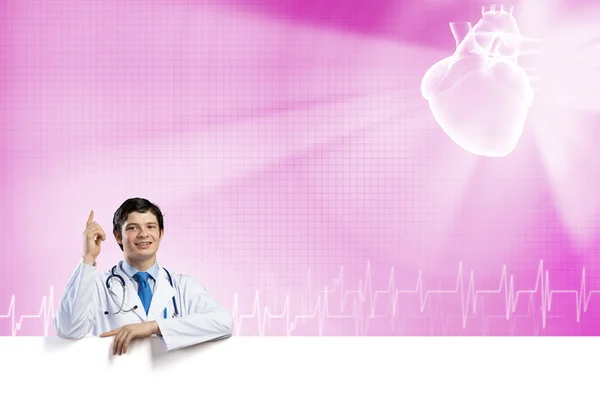 Medico con banner in bianco — Foto Stock