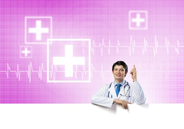 Doctor with blank banner — Stock Photo, Image