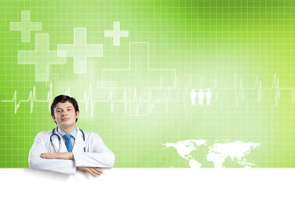 Doctor con banner en blanco — Foto de Stock