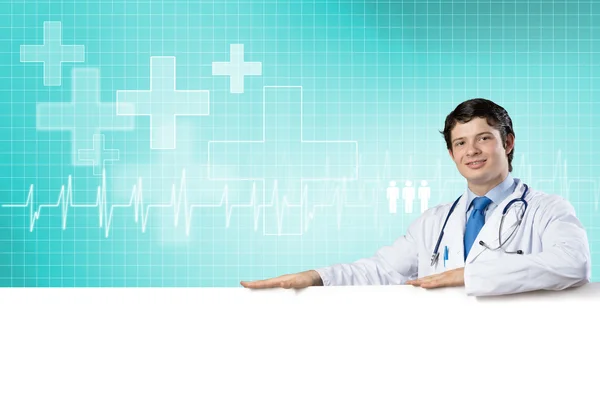 Doctor con banner en blanco — Foto de Stock