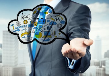 businessman showing cloud with business sketches clipart