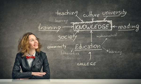 Mujer sobre la educación pizarra — Foto de Stock