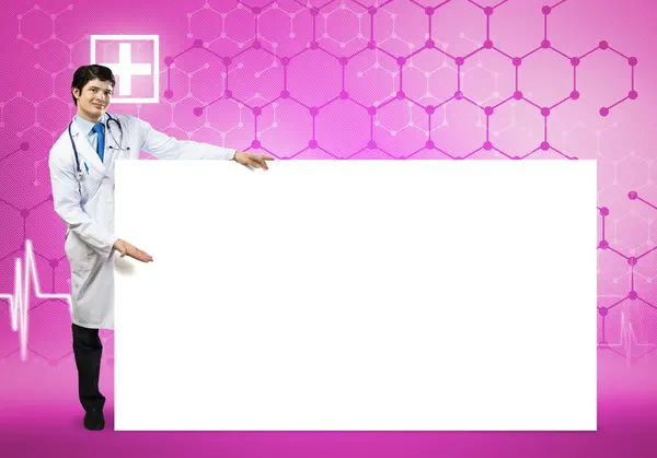 Mężczyzna lekarz z pusty transparent — Zdjęcie stockowe