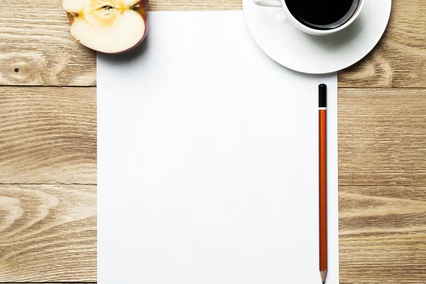Paper with coffee,apple and pencil — Stock Photo, Image
