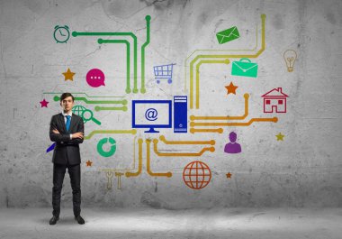 İşadamı iş uygulama simgeleri üzerinden 