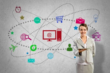 Tablet pc ve renk simgeleri sunulması iş kadını 