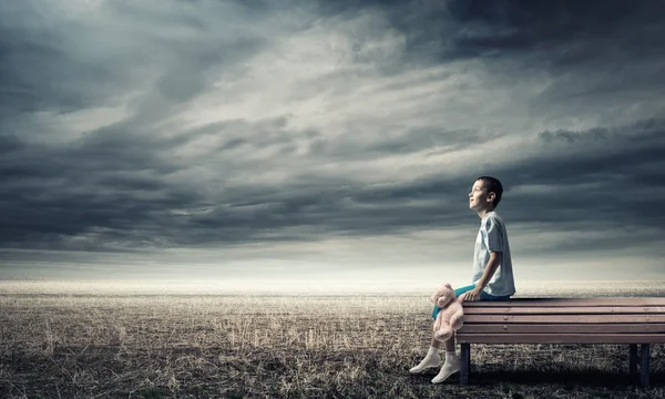 Boy with bear toy — Stock Photo, Image