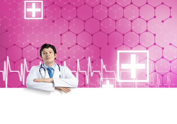 Doctor with white blank banner — Stock Photo, Image