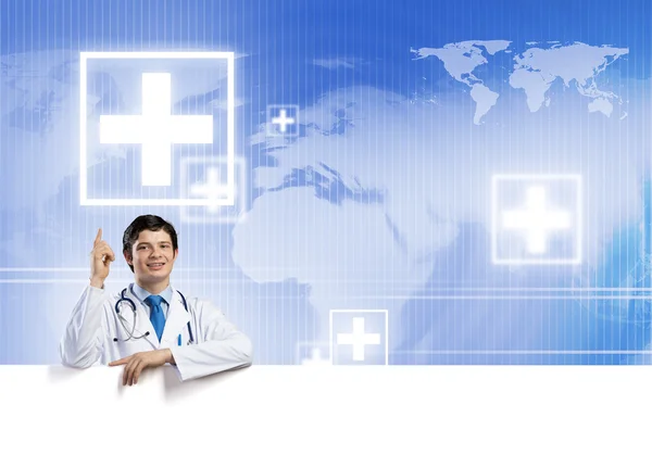 Doctor with white blank banner — Stock Photo, Image