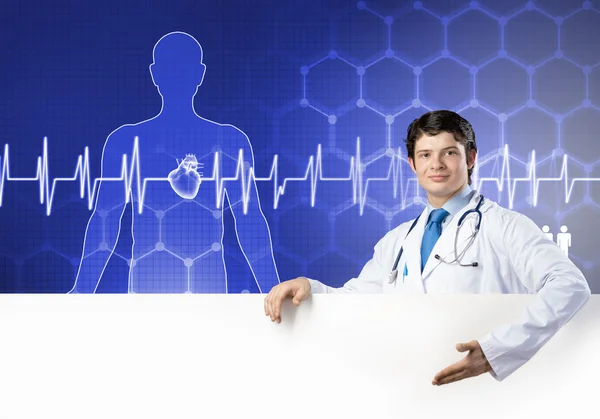 Doctor with white blank banner — Stock Photo, Image