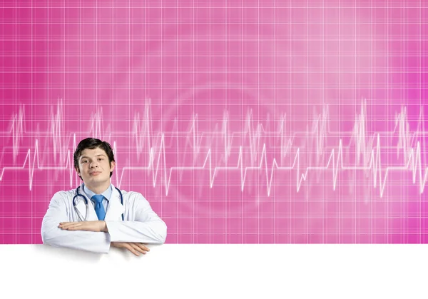 Doctor with white blank banner — Stock Photo, Image