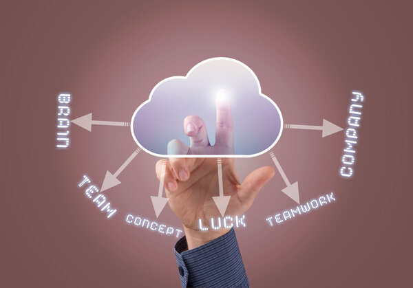 Businessman touching cloud icon with finger  