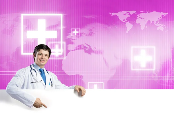 Doctor with white blank banner — Stock Photo, Image