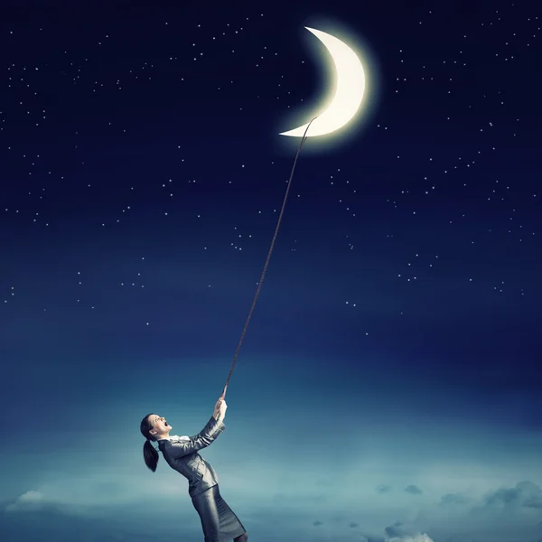 Woman catch moon — Stock Photo, Image