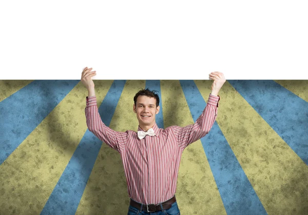 Cheerful man with banner — Stock Photo, Image