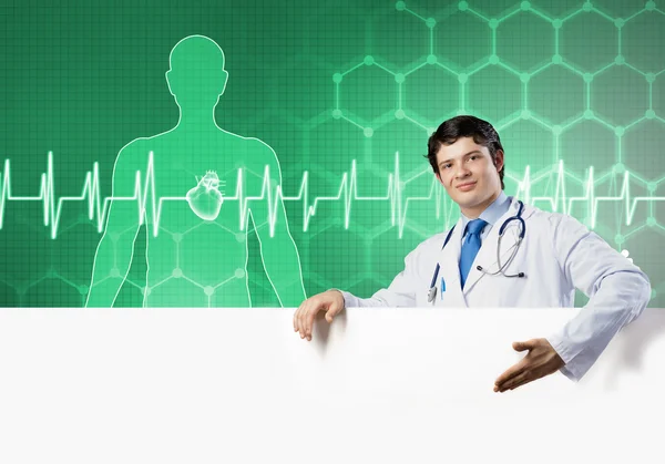 Doctor with white blank banner — Stock Photo, Image