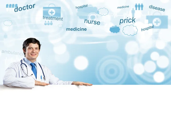 Doctor with white blank banner — Stock Photo, Image