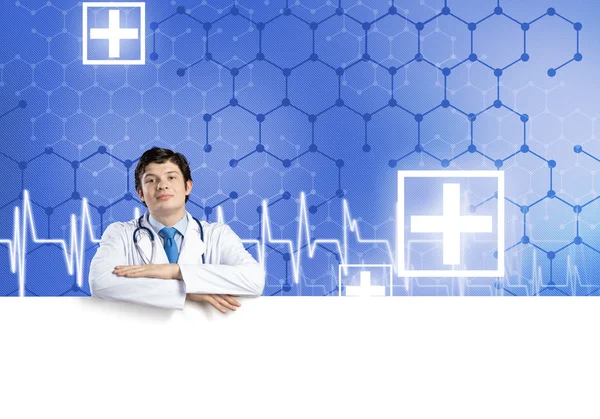 Doctor con bandera blanca en blanco —  Fotos de Stock