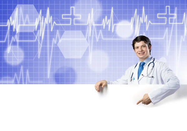 Doctor with white blank banner — Stock Photo, Image