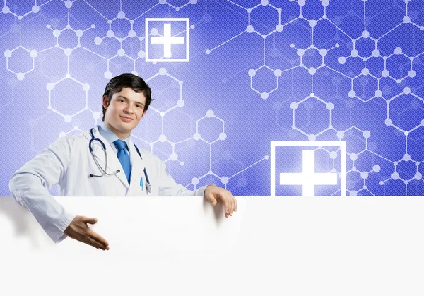 Doktor ile beyaz boş bayrak — Stok fotoğraf