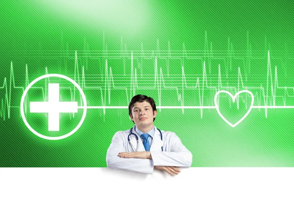 Doctor with white blank banner — Stock Photo, Image