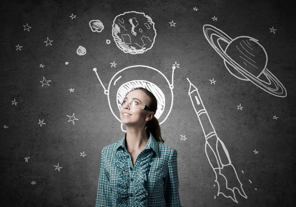 Flicka drömmer för att utforska rymden — Stockfoto