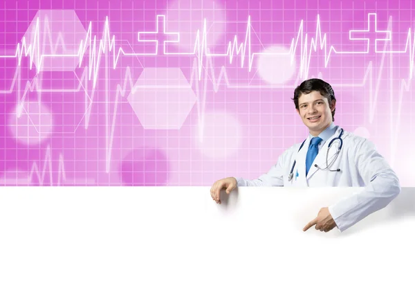 Doctor with white blank banner — Stock Photo, Image