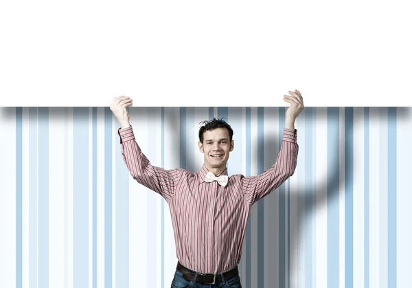 Cheerful man with banner — Stock Photo, Image