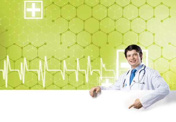 Doctor with white blank banner — Stock Photo, Image