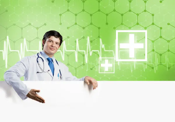 Doctor with white blank banner — Stock Photo, Image