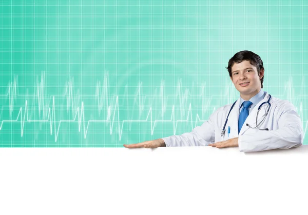 Doctor with white blank banner — Stock Photo, Image