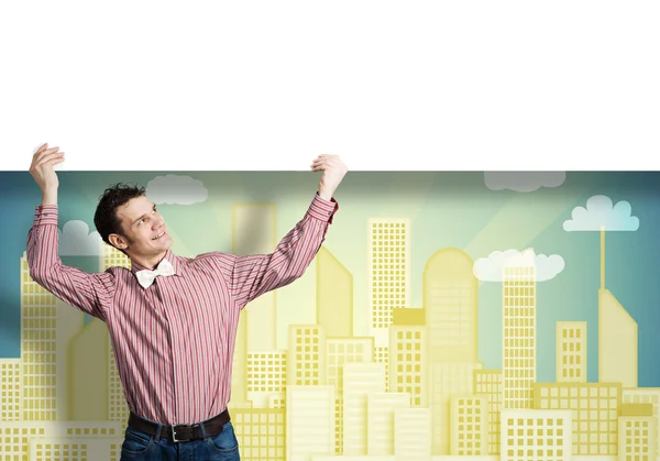 Guy with buildings banner — Stock Photo, Image